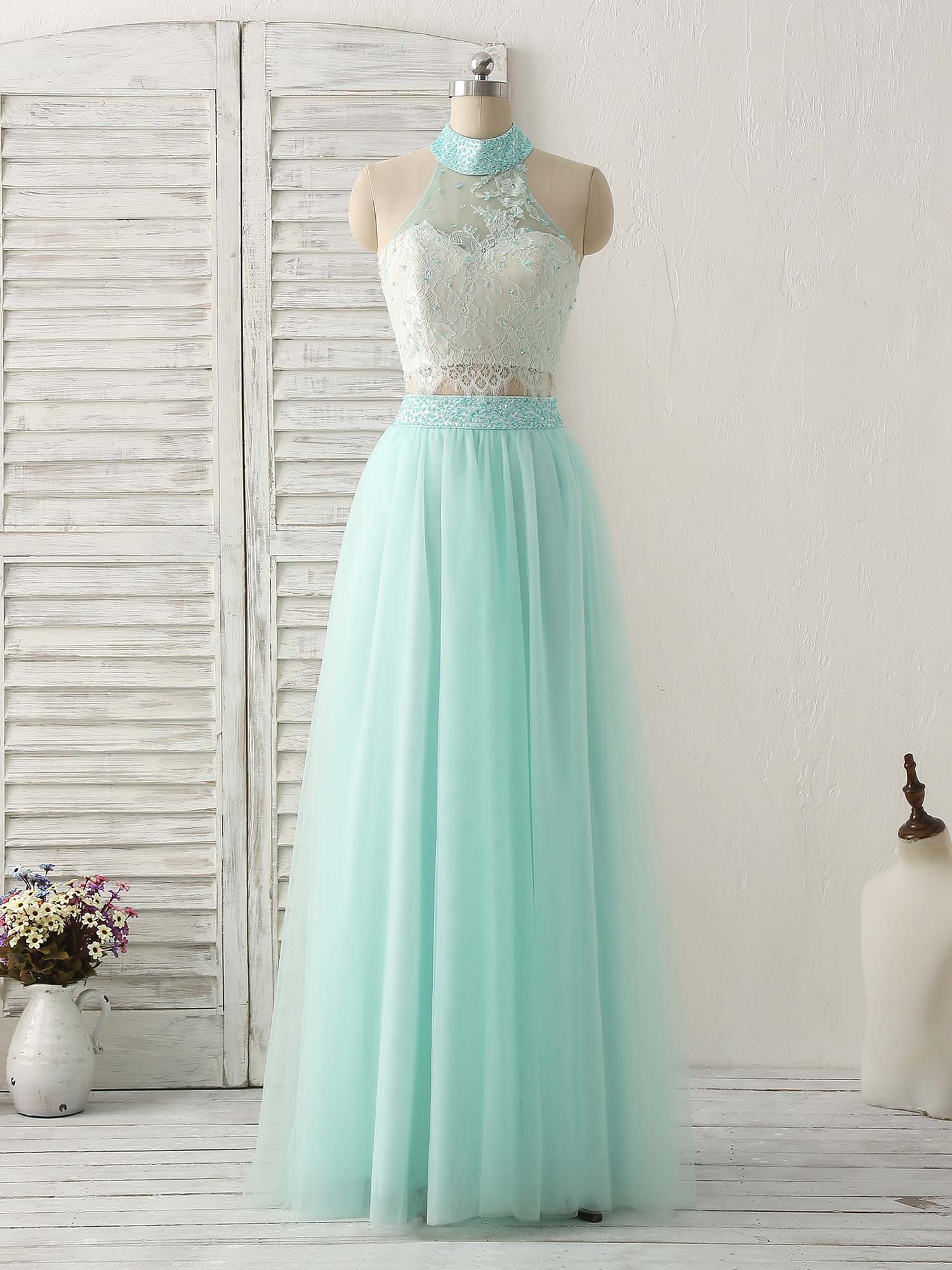 Formal Dress Store Near Me, Green Tulle Two Pieces Long Prom Dress Lace Beads Formal Dress
