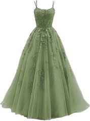 Hoco, Green Tulle with Lace Applique Formal Gown, Green Evening Prom Dress
