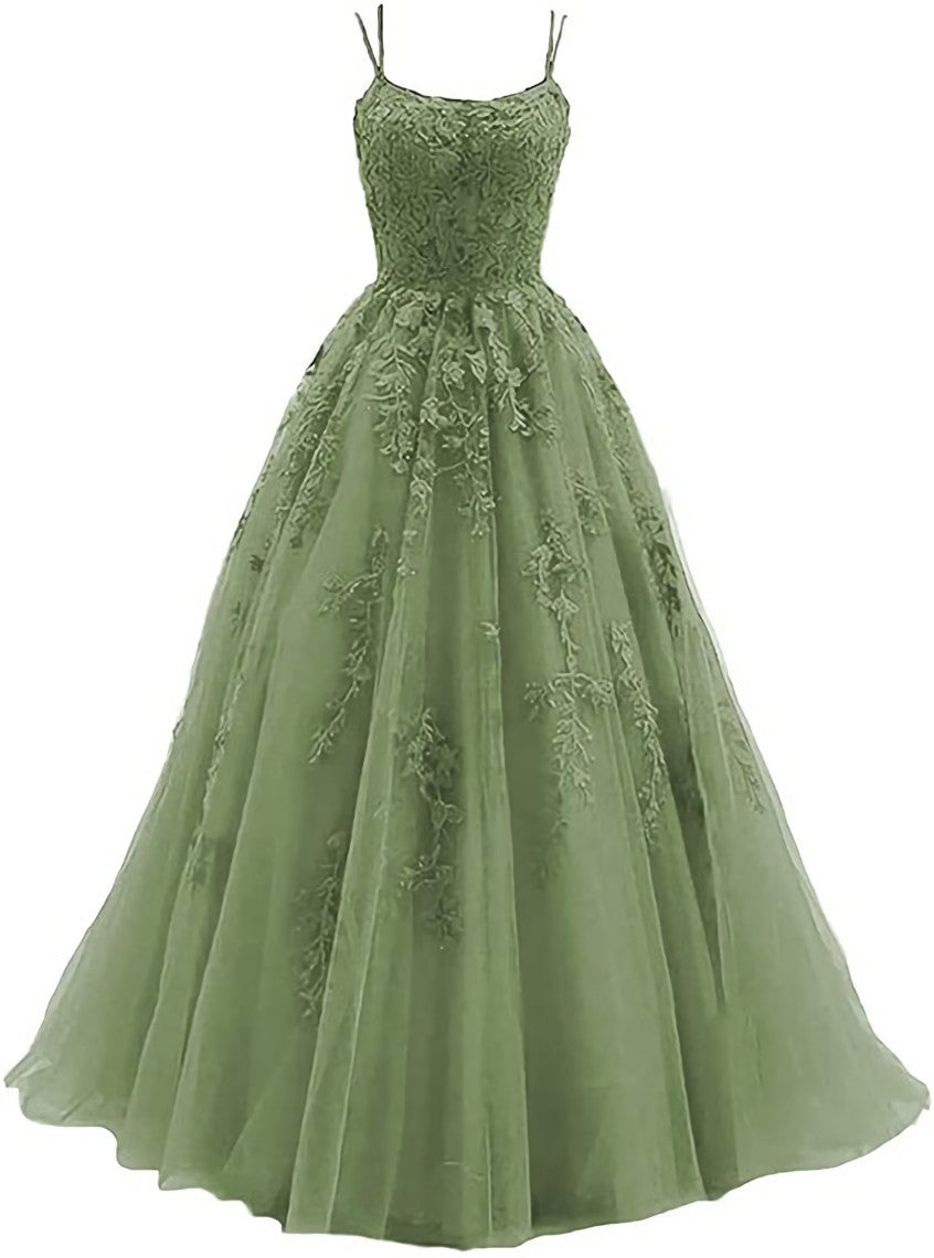Sundress, Green Tulle with Lace Applique Formal Gown, Green Evening Prom Dress