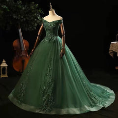Homecoming Dresses For Middle School, Green Tulle with Lace Applique Long Prom Dress, Green Sweet 16 Dresses