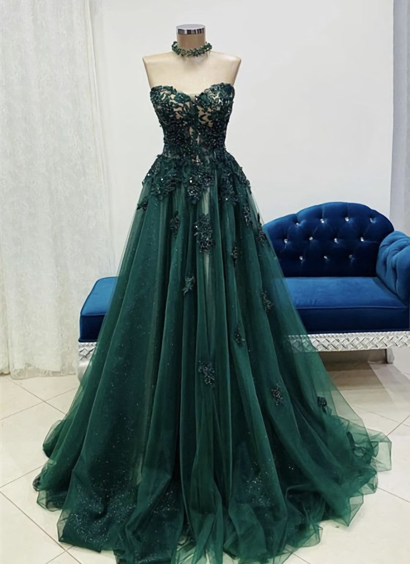 Formal Dresses, Green Tulle with Lace Applique Sweetheart Long Formal Dress, Green Evening Gown
