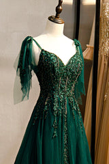 Prom Dress Under 60, Green V-Neck Lace Long Prom Dress, A-Line Spaghetti Straps Evening Dress