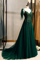 Prom Dresses 2032 Ball Gown, Green V-Neck Lace Long Prom Dress, A-Line Spaghetti Straps Evening Dress