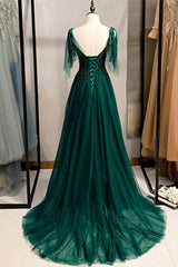 Prom Dress Black, Green V-Neck Lace Long Prom Dress, A-Line Spaghetti Straps Evening Dress