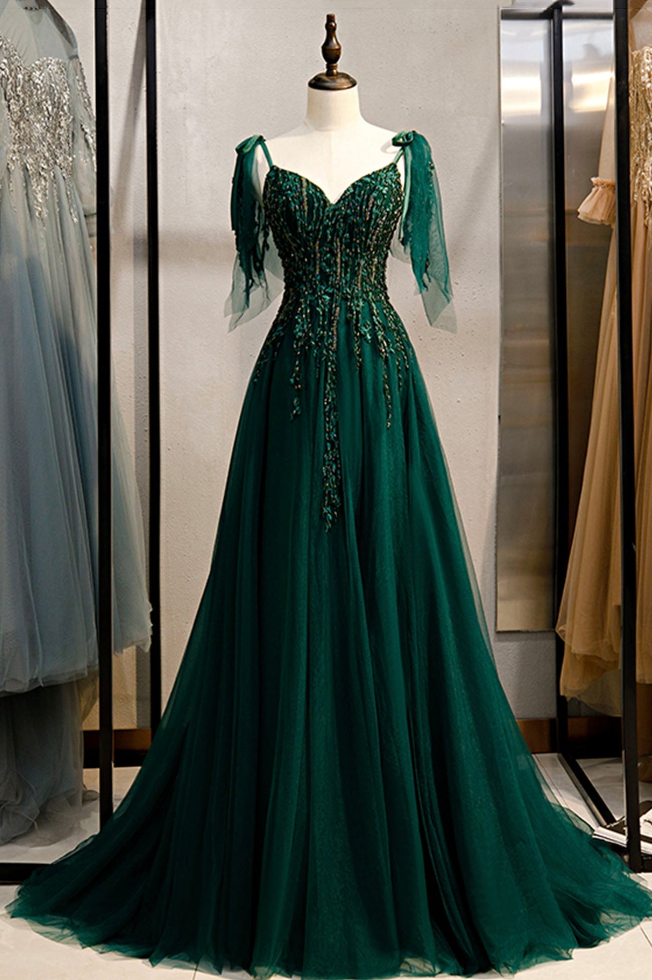 Prom Dress 10, Green V-Neck Lace Long Prom Dress, A-Line Spaghetti Straps Evening Dress