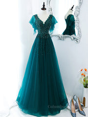 Prom Dresses Around Me, Green v neck tulle beads long prom dress, green tulle formal dress