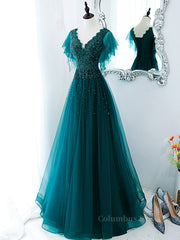 Prom Dress2027, Green v neck tulle beads long prom dress, green tulle formal dress