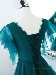Prom Dressed 2027, Green v neck tulle beads long prom dress, green tulle formal dress