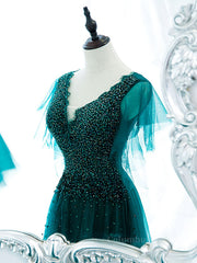 Prom Dresses2027, Green v neck tulle beads long prom dress, green tulle formal dress