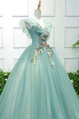 Prom Dress Colorful, Green V-Neck Tulle Long A-Line Prom Dress, A-Line Evening Formal Gown