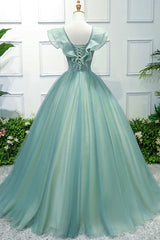 Prom Dress 2031, Green V-Neck Tulle Long A-Line Prom Dress, A-Line Evening Formal Gown