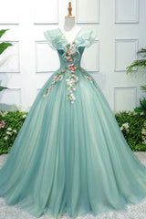 Prom Dress Color, Green V-Neck Tulle Long A-Line Prom Dress, A-Line Evening Formal Gown