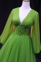 Formal Dress Wedding, Green V-Neck Tulle Long Prom Dress, Long Sleeve Green Formal Evening Dress