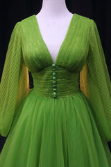 Formal Dresses Wedding, Green V-Neck Tulle Long Prom Dress, Long Sleeve Green Formal Evening Dress