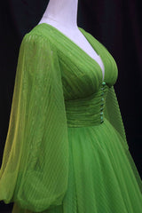 Formal Dress Websites, Green V-Neck Tulle Long Prom Dress, Long Sleeve Green Formal Evening Dress