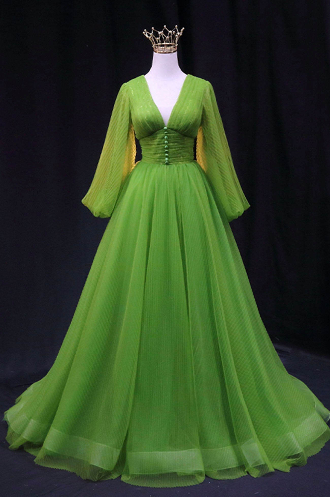 Formal Dress Idea, Green V-Neck Tulle Long Prom Dress, Long Sleeve Green Formal Evening Dress