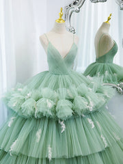 Bridesmaid Propos, Green V Neck Tulle Long Prom Dresses,  Ball Gown Green Sweet 16 Dresses