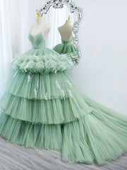 Bridesmaid Dresses Modest, Green V Neck Tulle Long Prom Dresses,  Ball Gown Green Sweet 16 Dresses