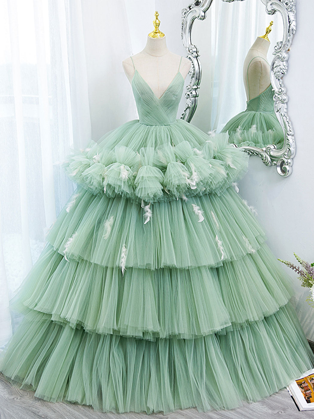 Prom Dress 2034, Green V Neck Tulle Long Prom Dresses,  Ball Gown Green Sweet 16 Dresses