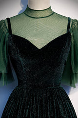 Prom Dresse Two Piece, Green Velvet Long A-Line Prom Dress, Green Formal Evening Dress