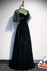 Prom Dresses Two Pieces, Green Velvet Long A-Line Prom Dress, Green Formal Evening Dress