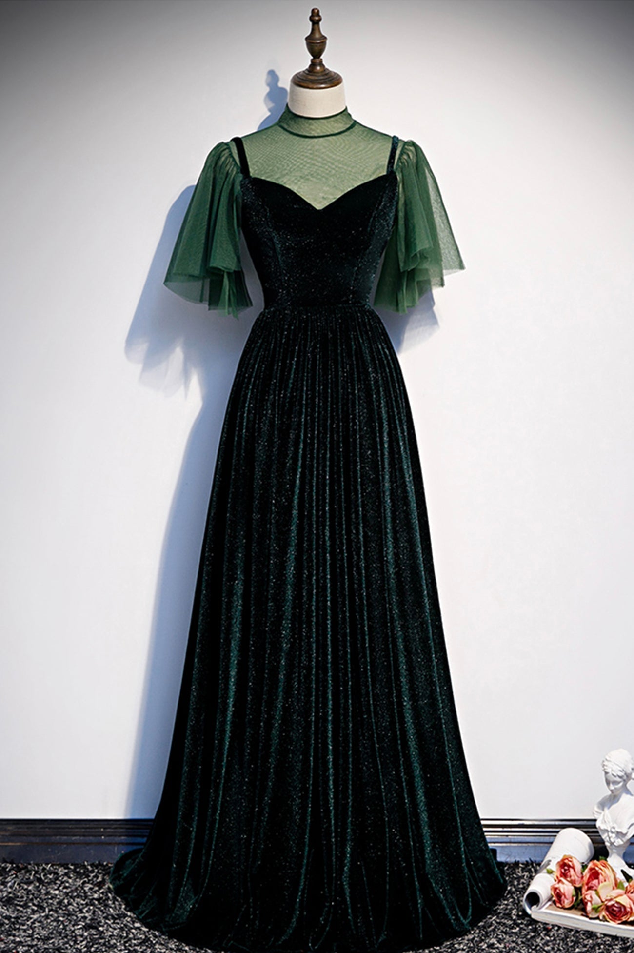 Prom Dress Two Piece, Green Velvet Long A-Line Prom Dress, Green Formal Evening Dress