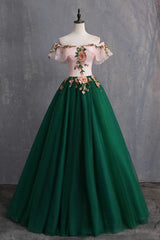 Graduation Outfit, Green Off the Shoulder Floor Length Prom Dress with Appliques, Puffy Quinceanera Dress