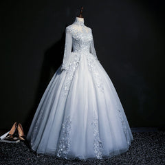 Formal Dresses For Weddings, Grey A-line Long Sleeves with Lace Party Gown, Sweet 16 Dress