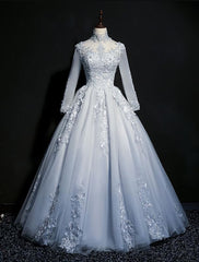 Formal Dresses For Teens, Grey A-line Long Sleeves with Lace Party Gown, Sweet 16 Dress