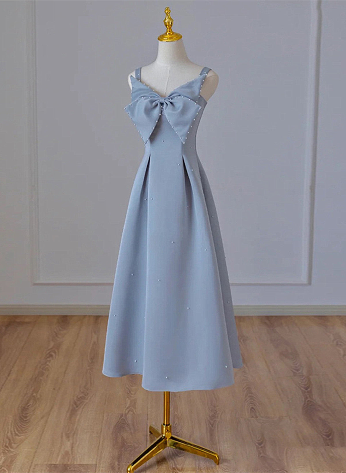 Wedding Dress Silhouettes Guide, Grey Blue Tea Length Satin Straps Formal Dress, A-line Wedding Party Dress