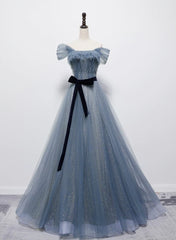 Homecomming Dress With Sleeves, Grey-Blue Tulle Off Shoulder Long Party Dress with Bow, A-line Floor Length Prom Dress