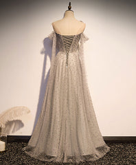 Bridesmaid Dress Blush Pink, Grey One Shoulder Pearls Tulle Long Evening Dress, Light Grey Party Dress Formal Dress