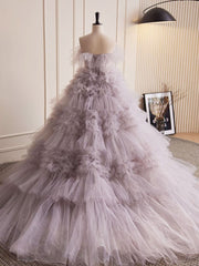 Prom Dresses For Teens, Grey Purple Tulle Long Prom Dresses, Grey Purple Evening Dress