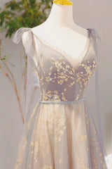 Bridesmaids Dress Under 109, Grey V-Neck Sequins Long Formal Dress, Grey Tulle Prom Dress