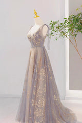 Bridesmaid Dresses Different Color, Grey V-Neck Sequins Long Formal Dress, Grey Tulle Prom Dress