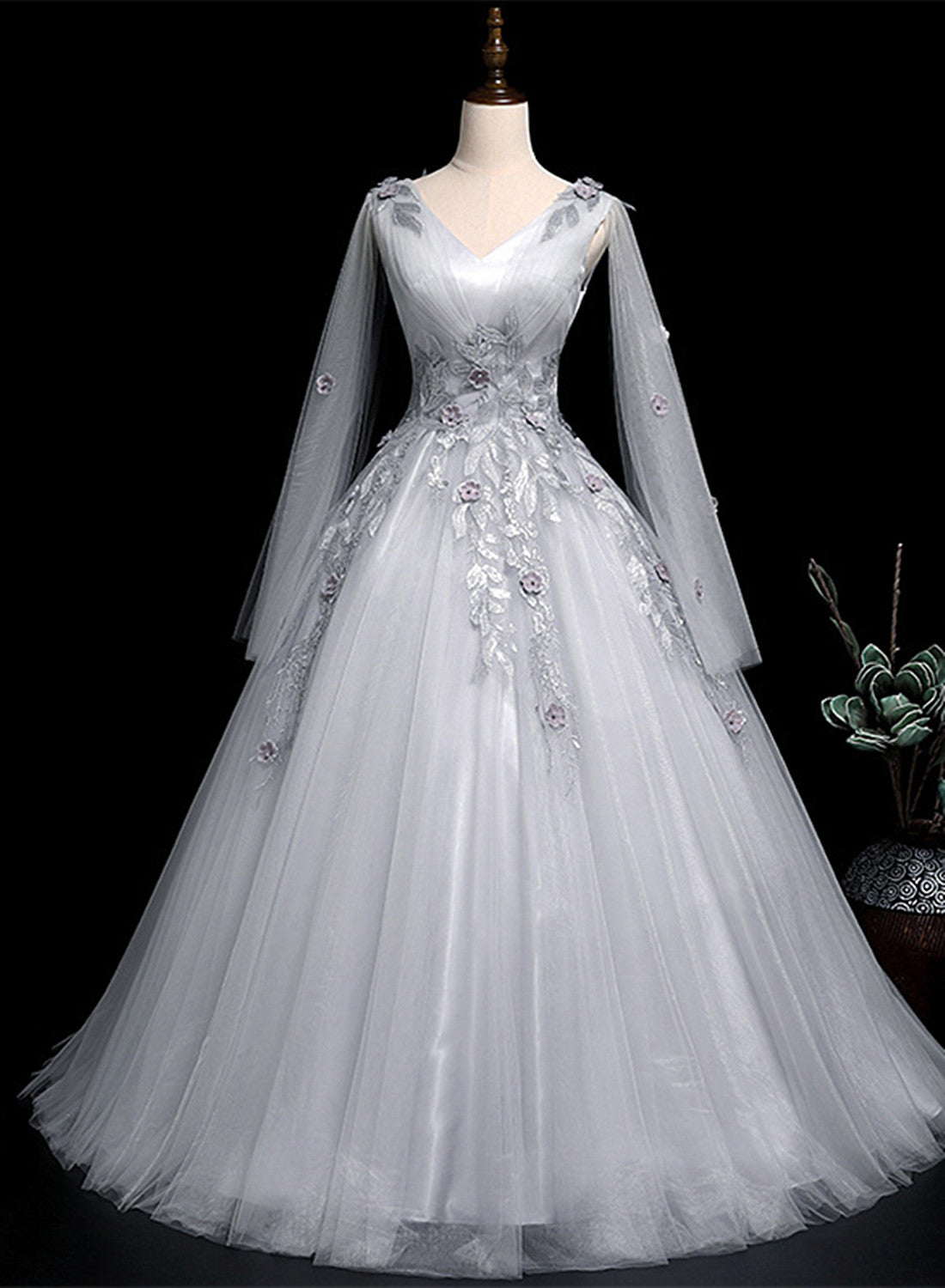 On Piece Dress, Grey V-neckline Ball Gown with Lace and Flowers Party Dress, Grey Sweet 16 Dress