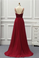 Party Dresses Indian, A Line High Low Tulle Prom Dress with Train, Burgundy V Neck Backless Formal Dress