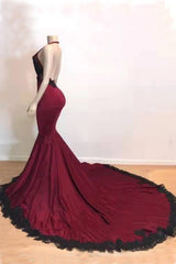 Elegant Dress Classy, Burgundy Halter Deep V Neck Mermaid Prom Dress with Lace, Long Evening Gown