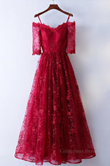 Strapless Prom Dress, Half Sleeves Burgundy Lace Prom Dresses, Wine Red Half Sleeves Long Lace Formal Evening Dresses