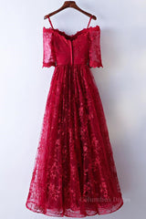 Backless Dress, Half Sleeves Burgundy Lace Prom Dresses, Wine Red Half Sleeves Long Lace Formal Evening Dresses