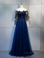 Prom Dress Long, Half Sleeves Navy Blue Long Lace Prom Dresses, Dark Navy Blue Long Lace Formal Bridesmaid Dresses