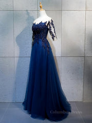 Pretty Prom Dress, Half Sleeves Navy Blue Long Lace Prom Dresses, Dark Navy Blue Long Lace Formal Bridesmaid Dresses