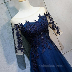 Fall Wedding Ideas, Half Sleeves Navy Blue Long Lace Prom Dresses, Dark Navy Blue Long Lace Formal Bridesmaid Dresses
