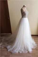 Wedding Dressed Vintage, Halter Illusion neck High split A line Tulle Princess Wedding Dress