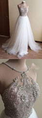 Wedding Dresse Vintage, Halter Illusion neck High split A line Tulle Princess Wedding Dress