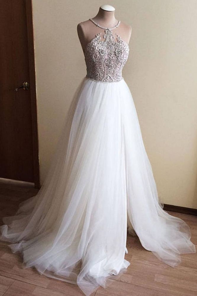 Wedding Dresses Designers, Halter Illusion neck High split A line Tulle Princess Wedding Dress