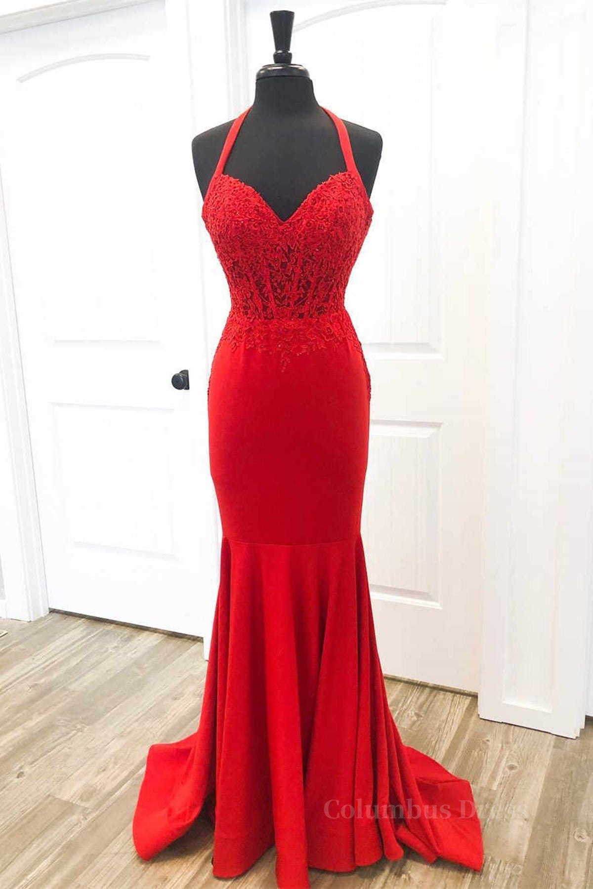 Formal Dress With Sleeves, Halter Neck Mermaid Backless Red Lace Long Prom Dresses, Mermaid Red Formal Dresses, Red Lace Evening Dresses