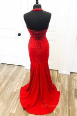 Formal Dress Wear For Ladies, Halter Neck Mermaid Backless Red Lace Long Prom Dresses, Mermaid Red Formal Dresses, Red Lace Evening Dresses