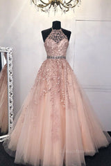 Homecoming Dress Shop, Halter Neck Pink Lace Long Prom Dress with Belt, Pink Lace Formal Dress, Pink Evening Dress