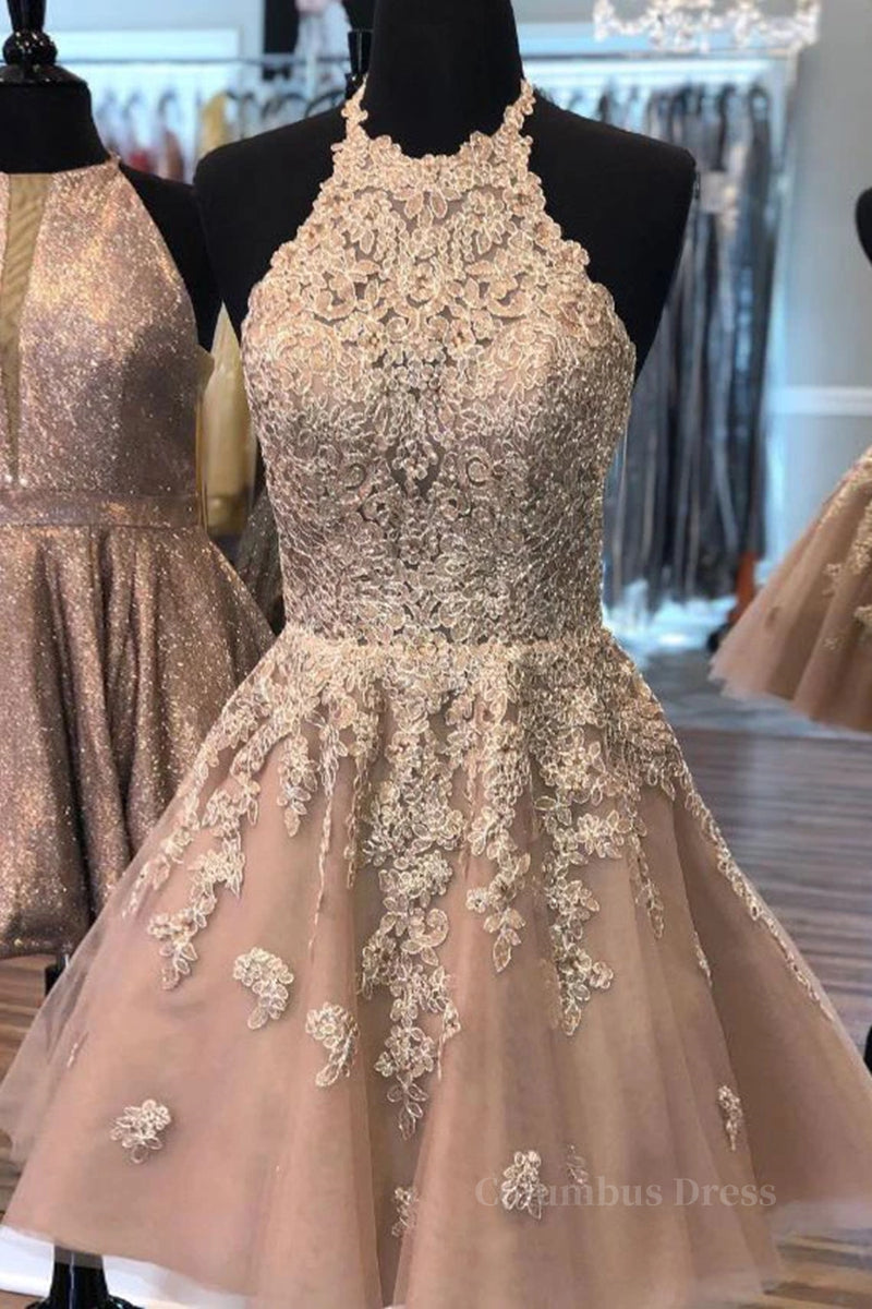 Formal Dress Suits For Ladies, Halter Neck Short Champagne Lace Prom Dress, Champagne Lace Formal Graduation Homecoming Dress